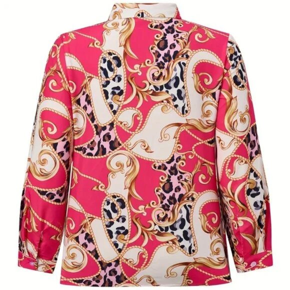 Pink Baroque Leopard Patchwork Blouse – Button-Up Satin Shirt (2XL) - Picture 4 of 4